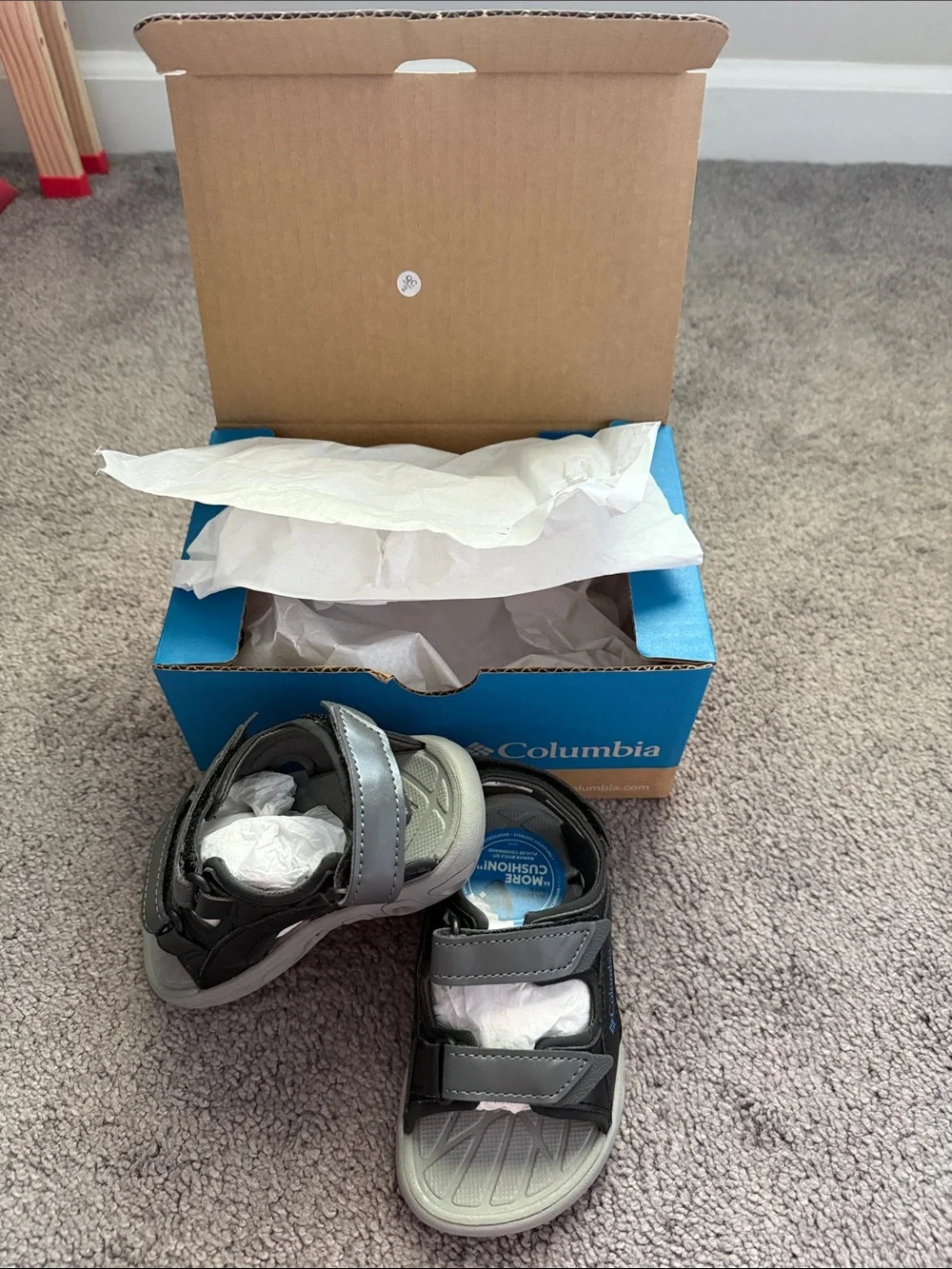 Columbia Kids Black and Light Gray Sport Sandals with Blue Accents